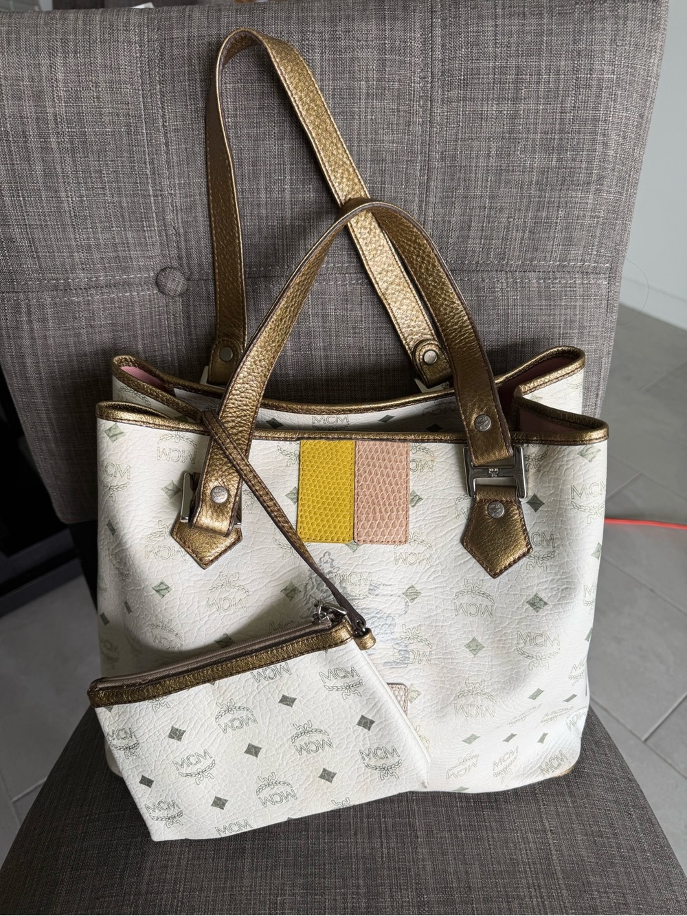 MCM Princess Lion White Visetos Tote with Gold Handles